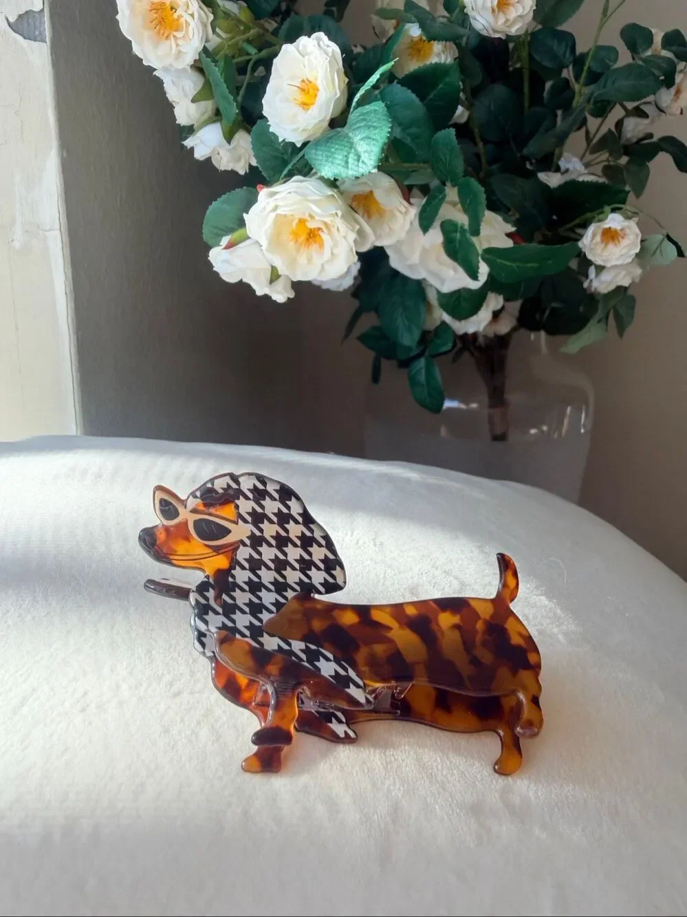 Dachshund Dog Hair Claw Clip Tortoise Houndstooth Statement Barrette